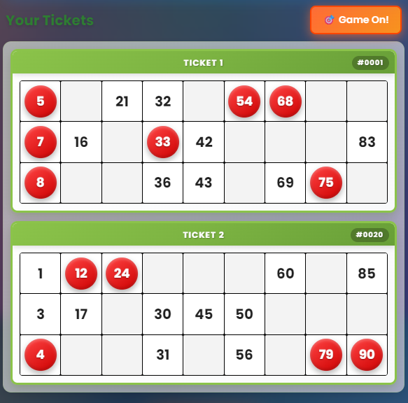 Bingo tickets with numbered grids
